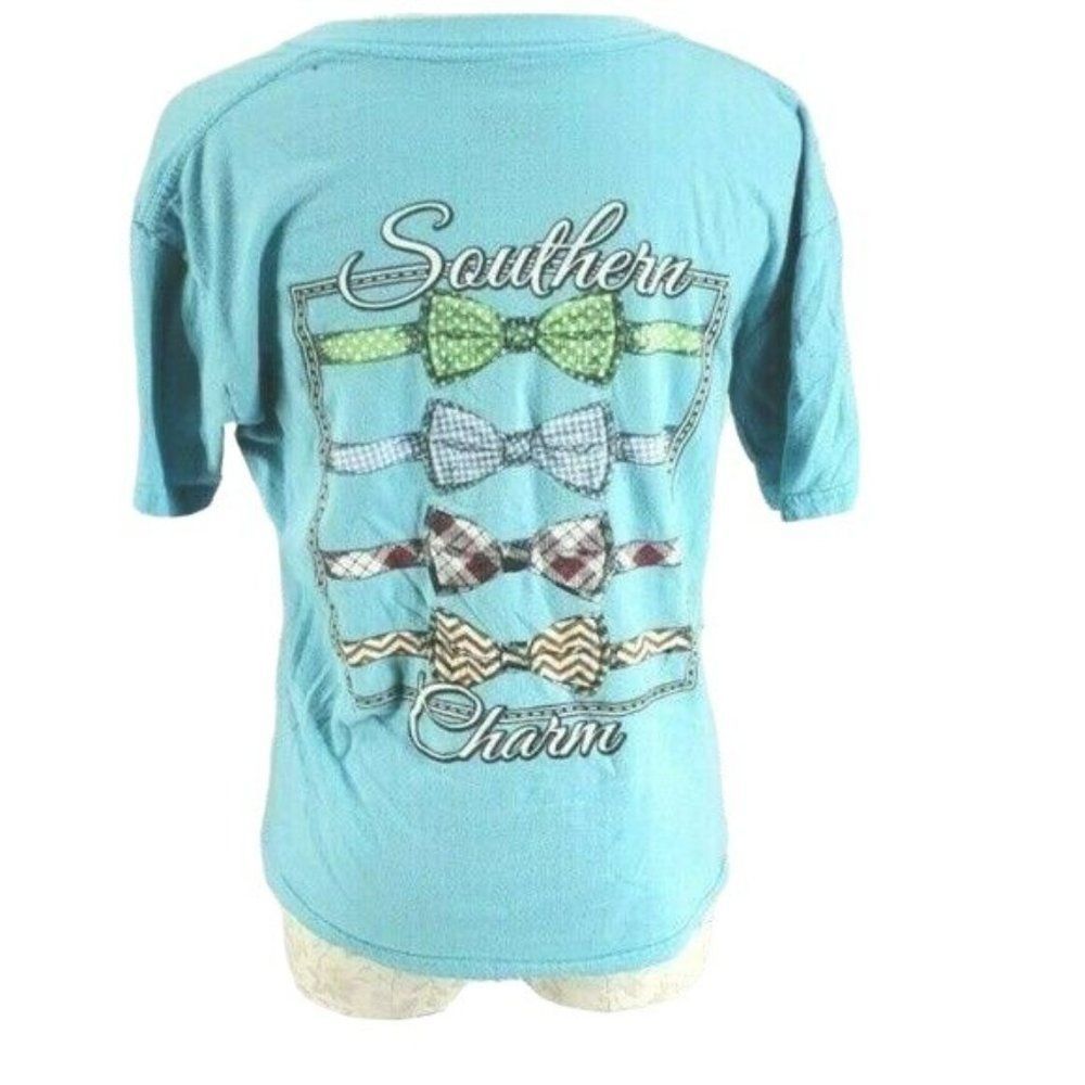 Royce Southern Charm Teal Bow Short Sleeve Blue V Neck Tee Shirt Size Small